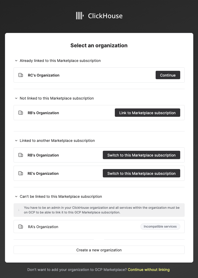 Форма ввода информации при регистрации в ClickHouse Cloud